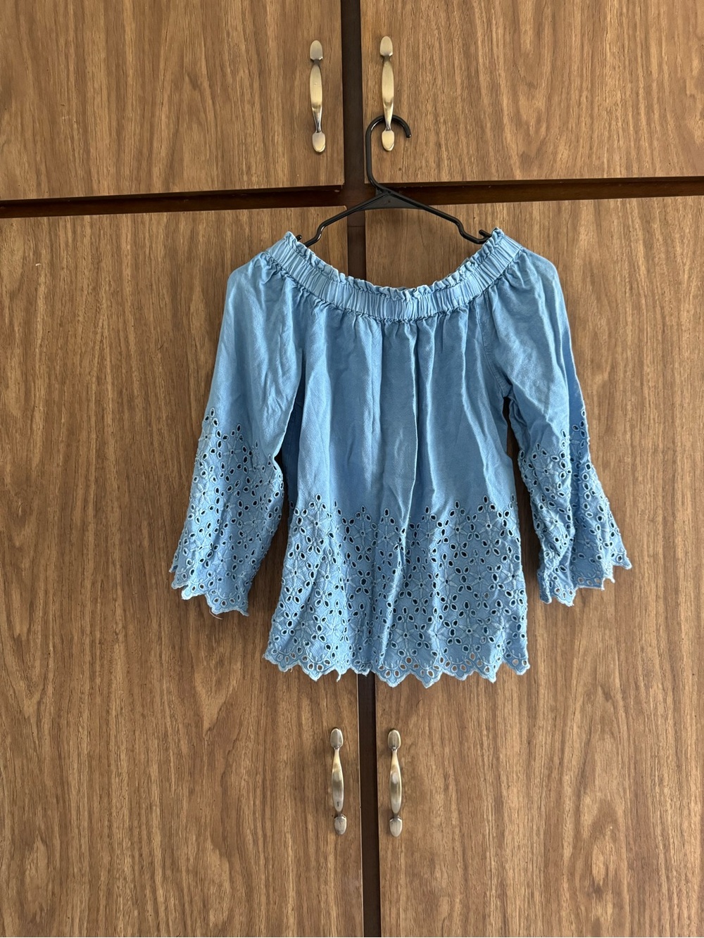 Style Envy Light Blue Off-Shoulder Eyelet Peasant Top